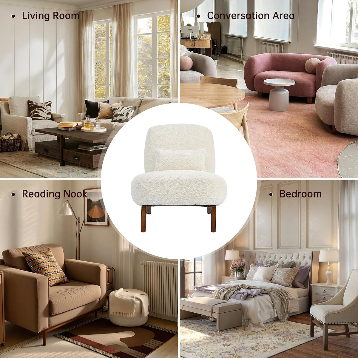 Morden Fort Boucle Chair, Upholstered Accent Chair Tilted Wooden Leg, White
