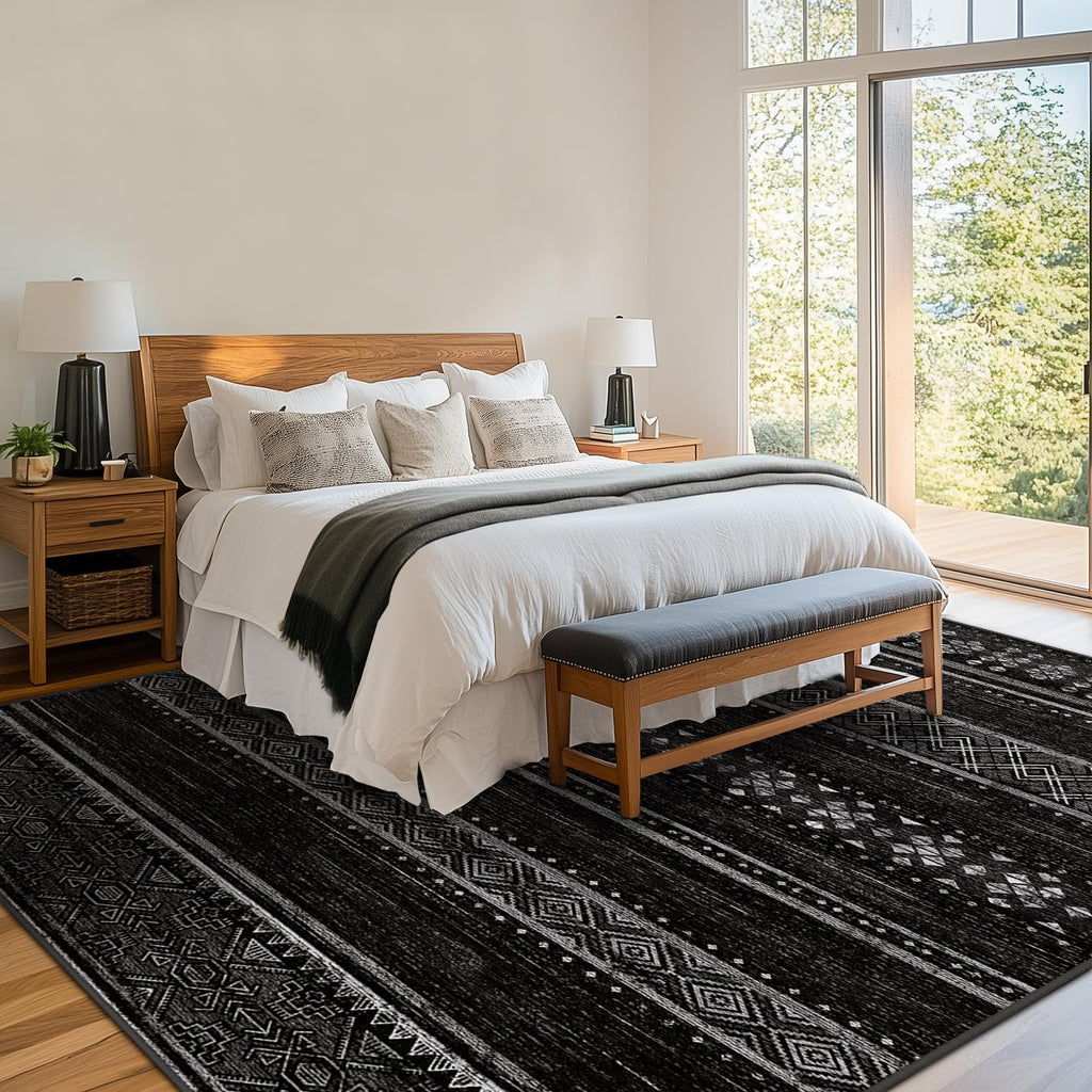 8x10 Washable Area Rugs for Living Room Boho Bedroom Rug Colorful/Black