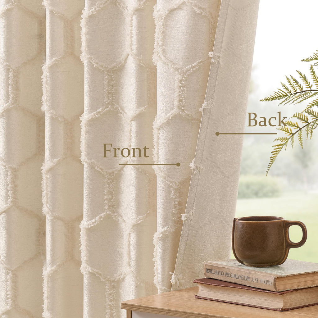 Cream Beige Geometric Jacquard Curtains, Set of Two