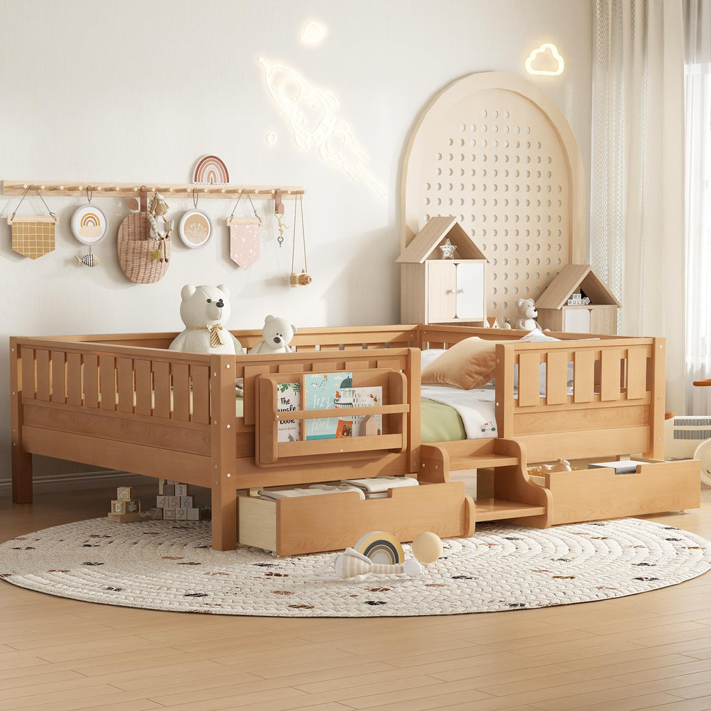 Montessori Bed with Stairs, Bookshelf & Storage Drawers