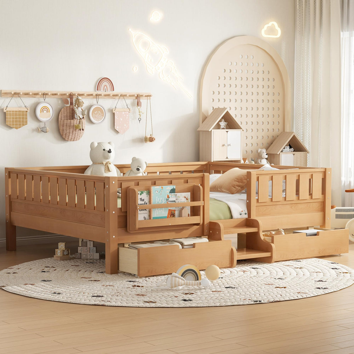 Montessori Bed with Stairs, Bookshelf & Storage Drawers