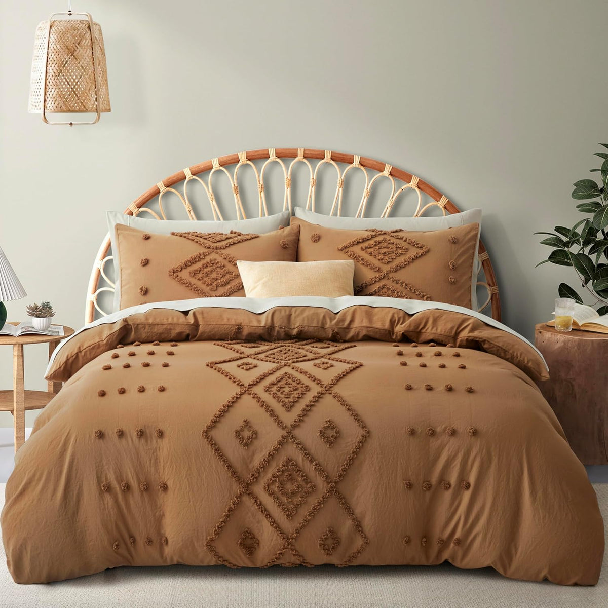 Oli Anderson Tufted Boho Queen Duvet Cover Set, Pumpkin Brown, 3 Pieces