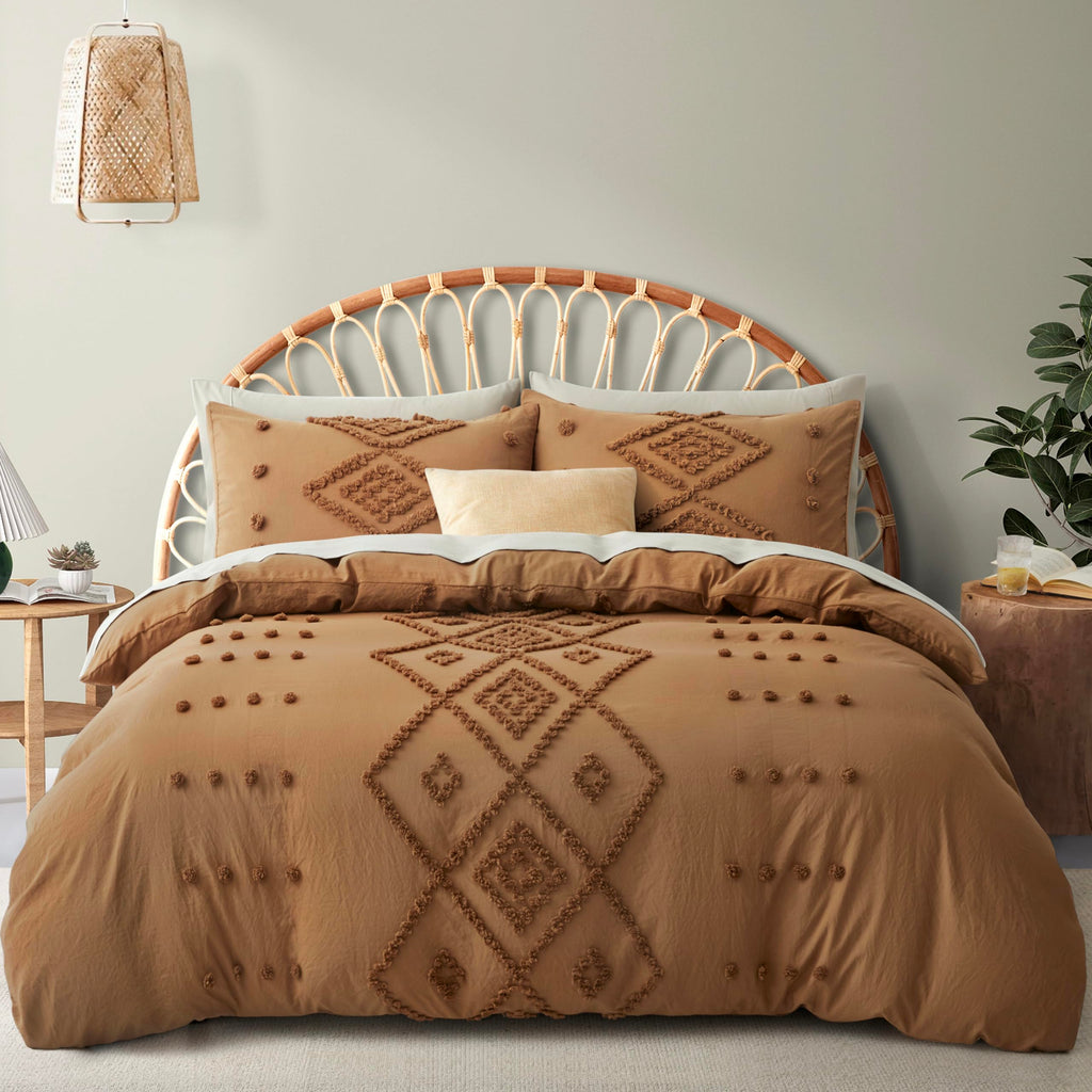 Oli Anderson Tufted Boho Queen Duvet Cover Set, Pumpkin Brown, 3 Pieces