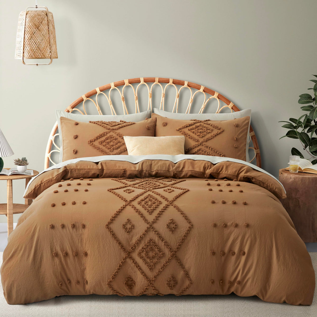 Oli Anderson Tufted Boho Queen Duvet Cover Set, Pumpkin Brown, 3 Pieces