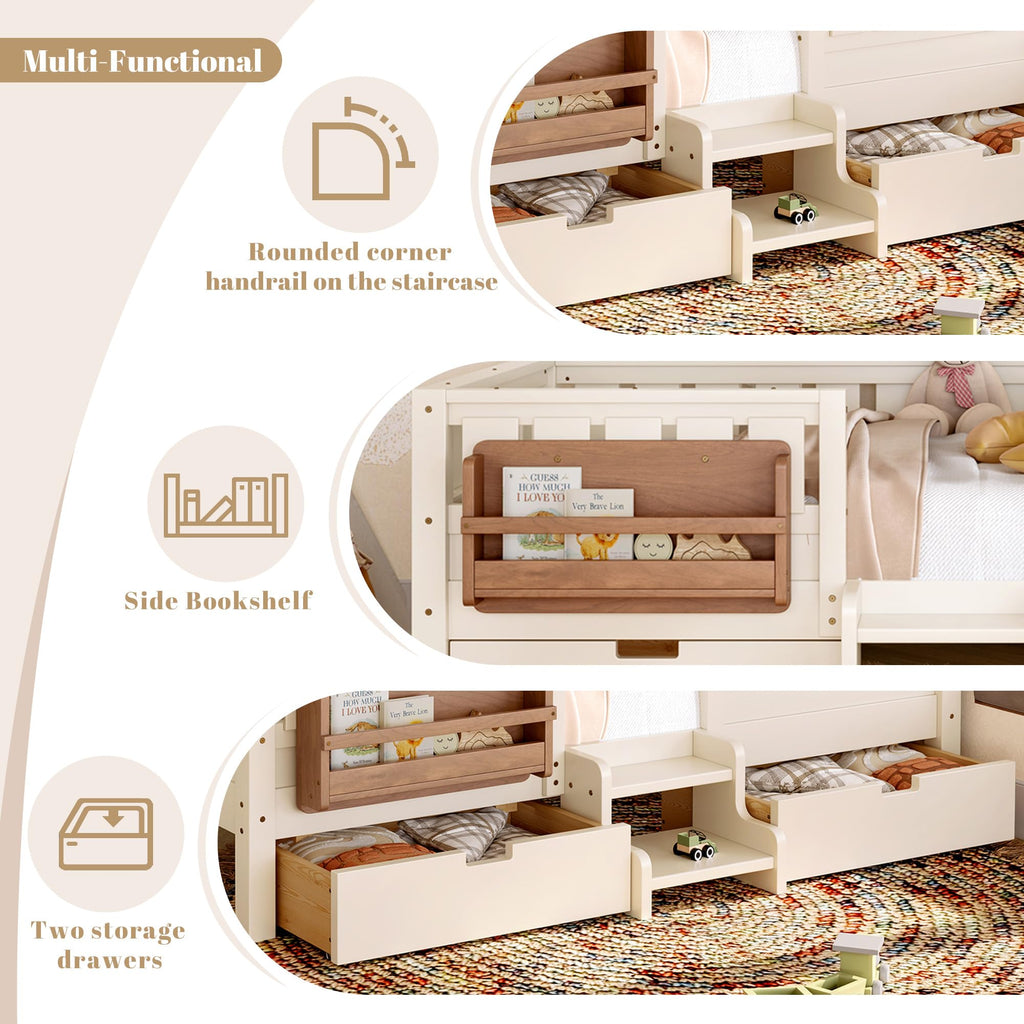 Montessori Bed with Stairs, Bookshelf & Storage Drawers