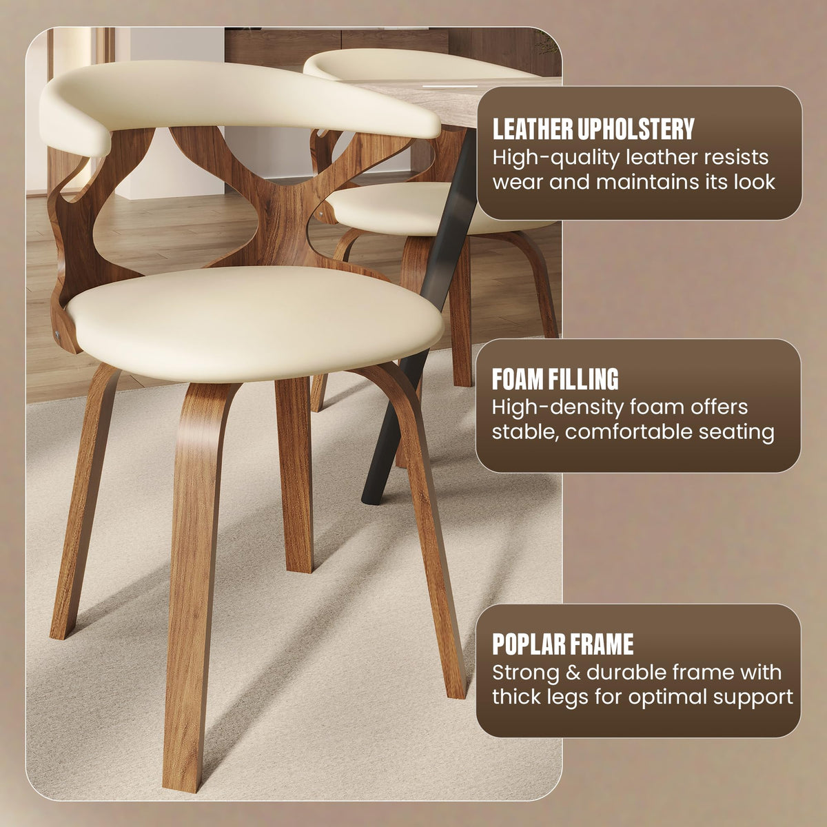 LeisureMod Klyne Leather Dining Chair with Poplar Wood Frame – Mid-Century Wooden