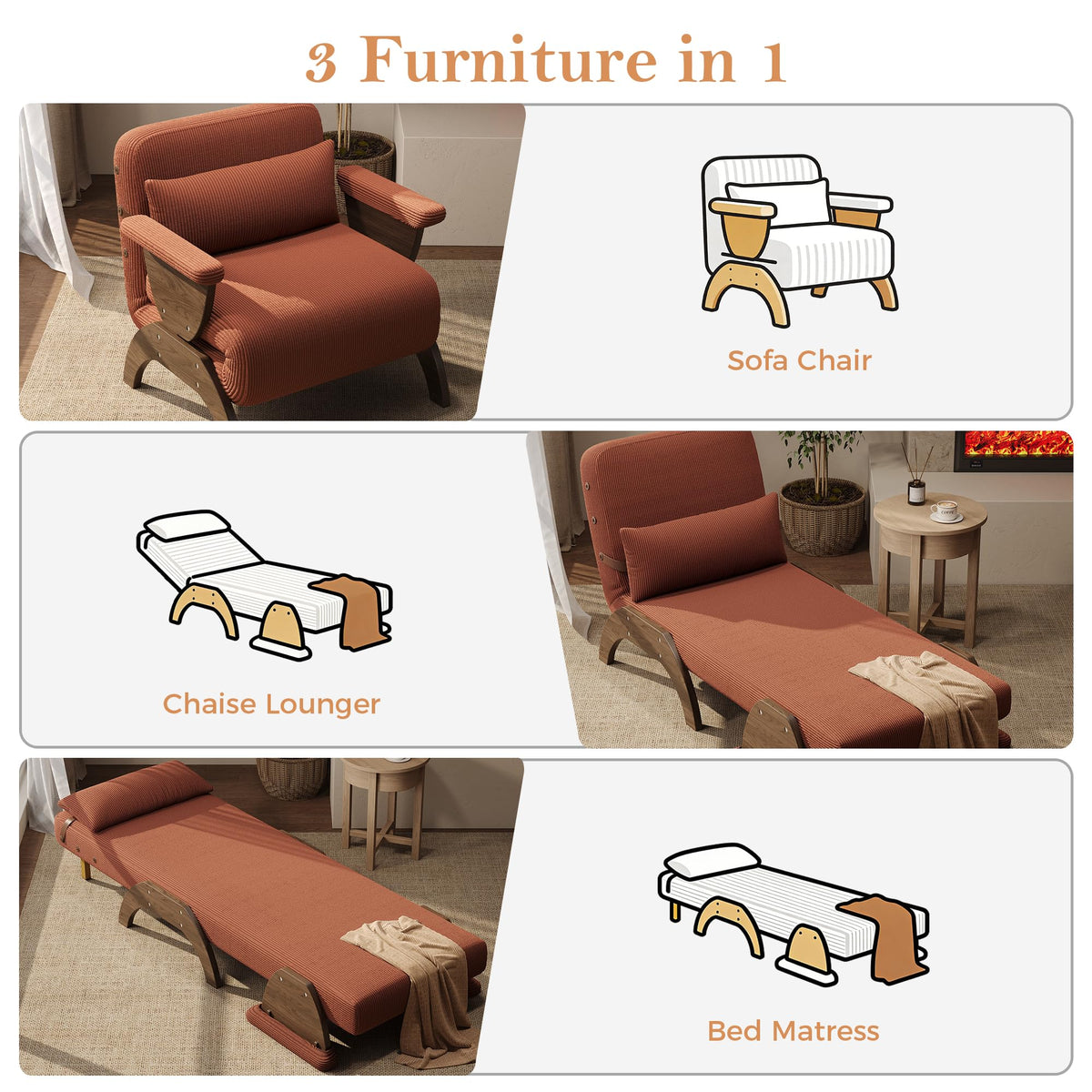 JASIWAY 47" 3-in-1 Convertible Sofa Sleeper Chair Bed for Adults, Futon