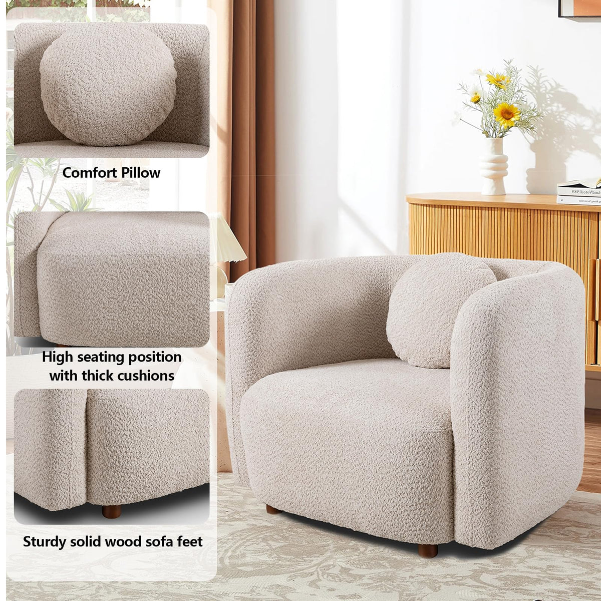 Oversized Boucle Accent Chair, Cream White Sherpa Wingback Chair