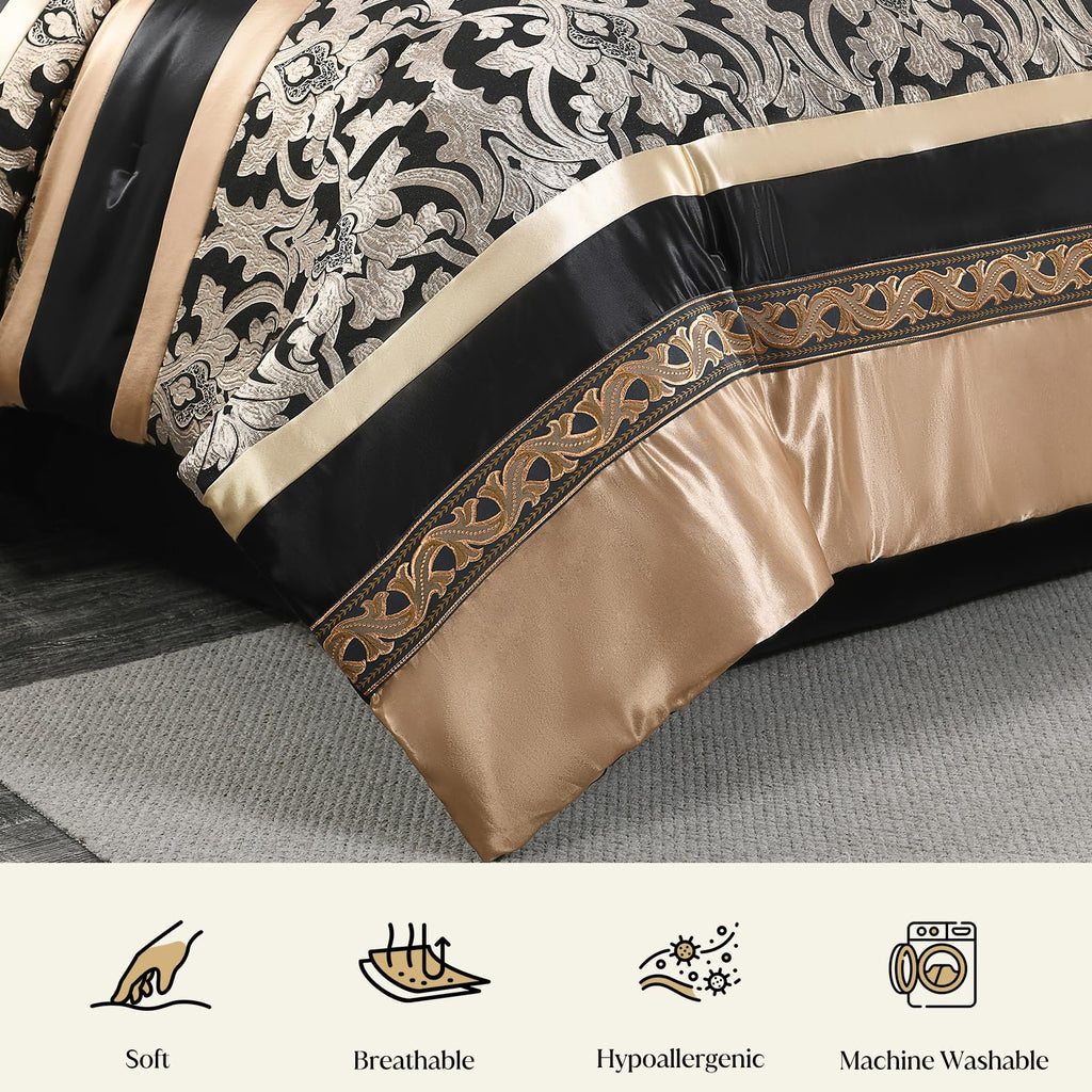 CozyDH Black Gold Jacquard Comforter Set California King, 7PCS Bed in a Bag