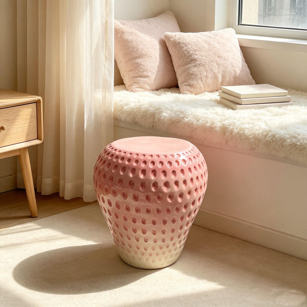 13.4" Cute Pig Side Table w/ Watermelon Top, Resin Plant Stand, Pink+Red