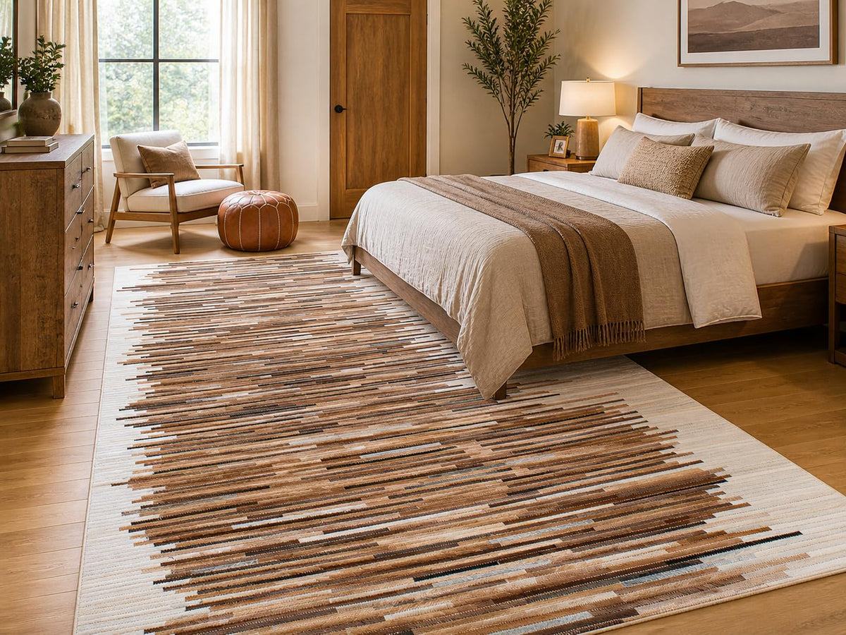 Beige Cowhide Patchwork Rug – Handmade Linear Leather Area Rug – Modern