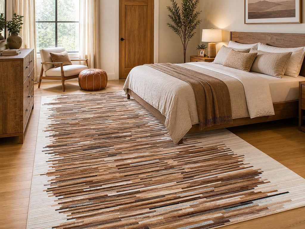 Beige Cowhide Patchwork Rug – Handmade Linear Leather Area Rug – Modern