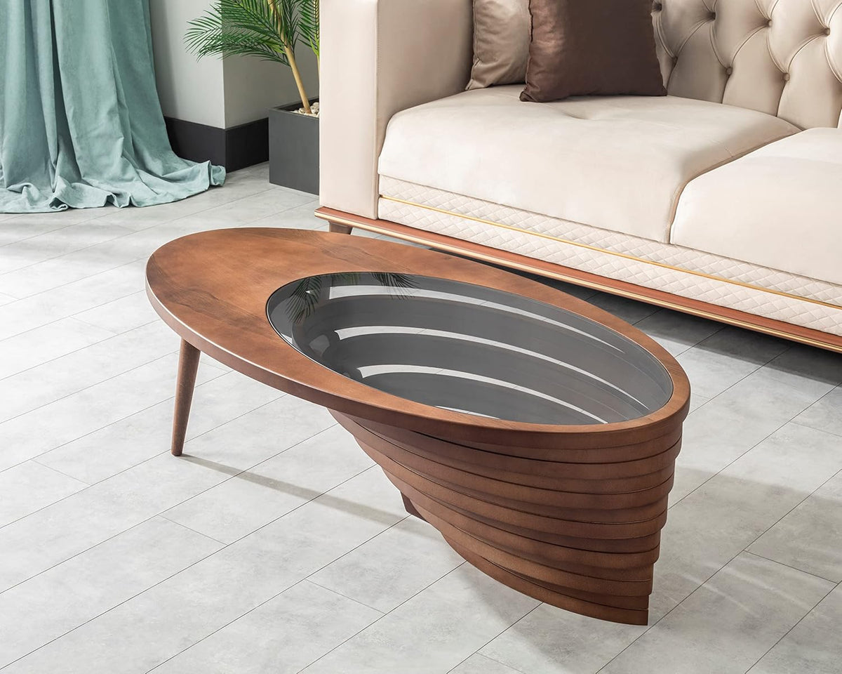 Walnut Veneer Glass-Top Coffee Table