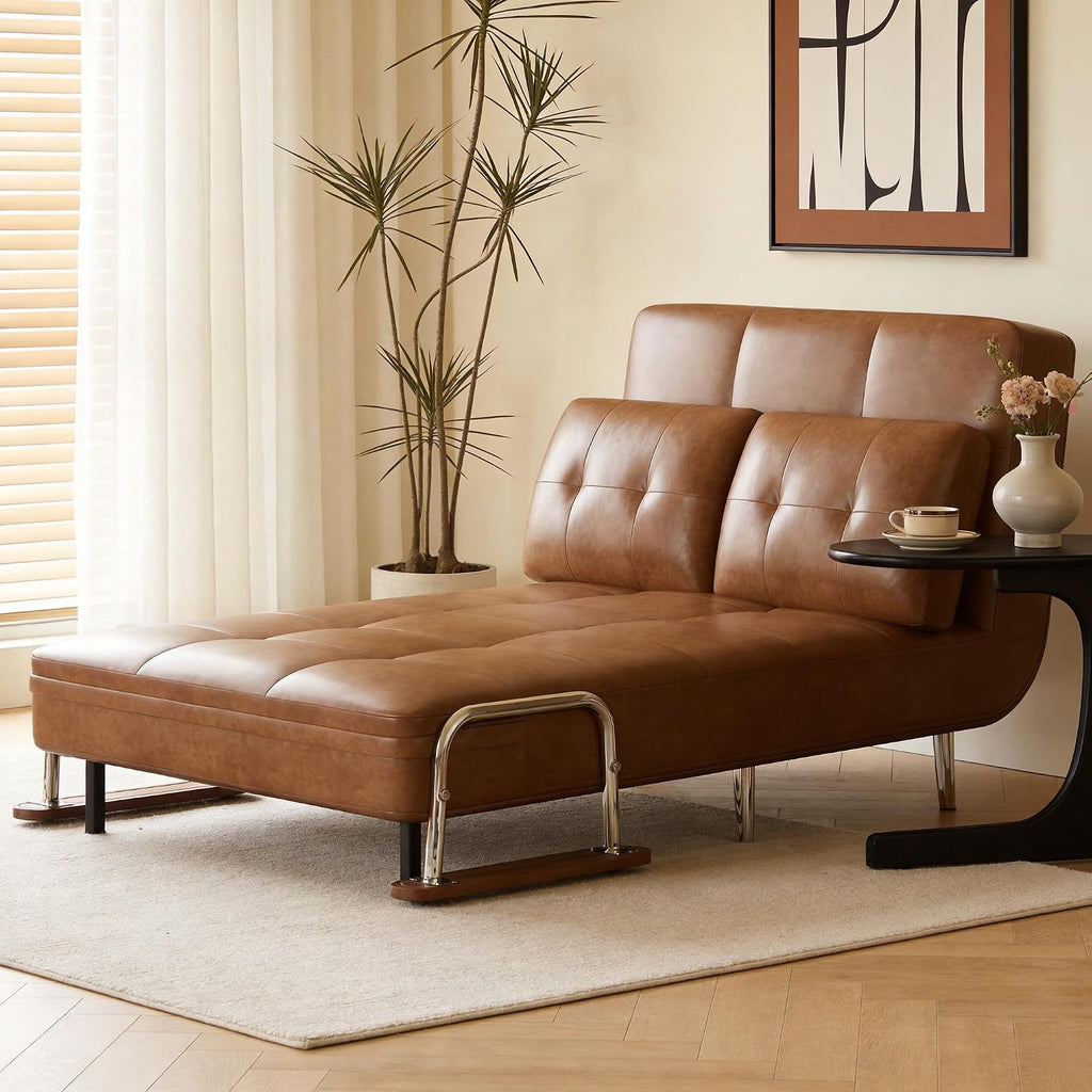 39.4" Brown Faux Leather Futon Sofa Bed Metal Legs Apartment