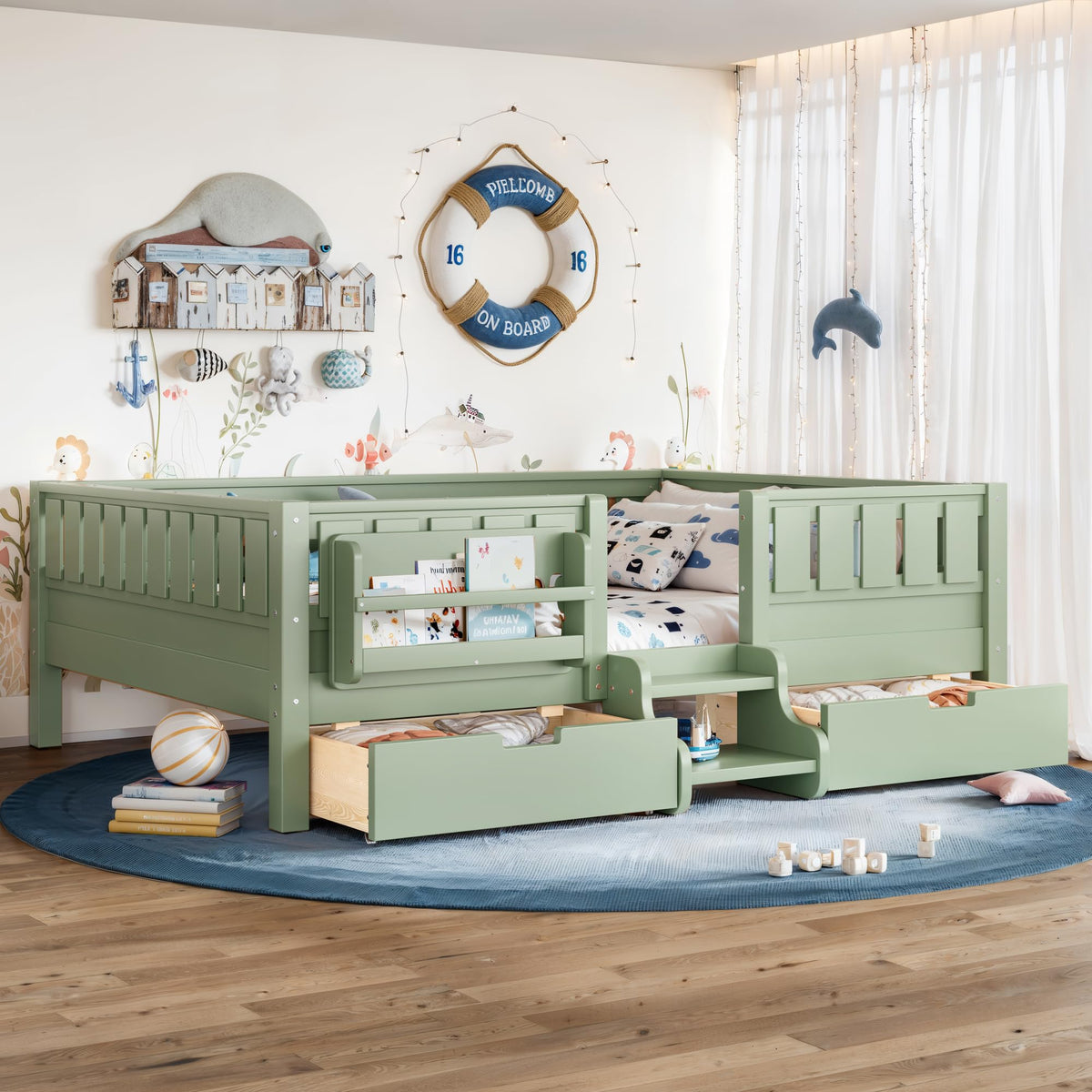 Montessori Bed with Stairs, Bookshelf & Storage Drawers