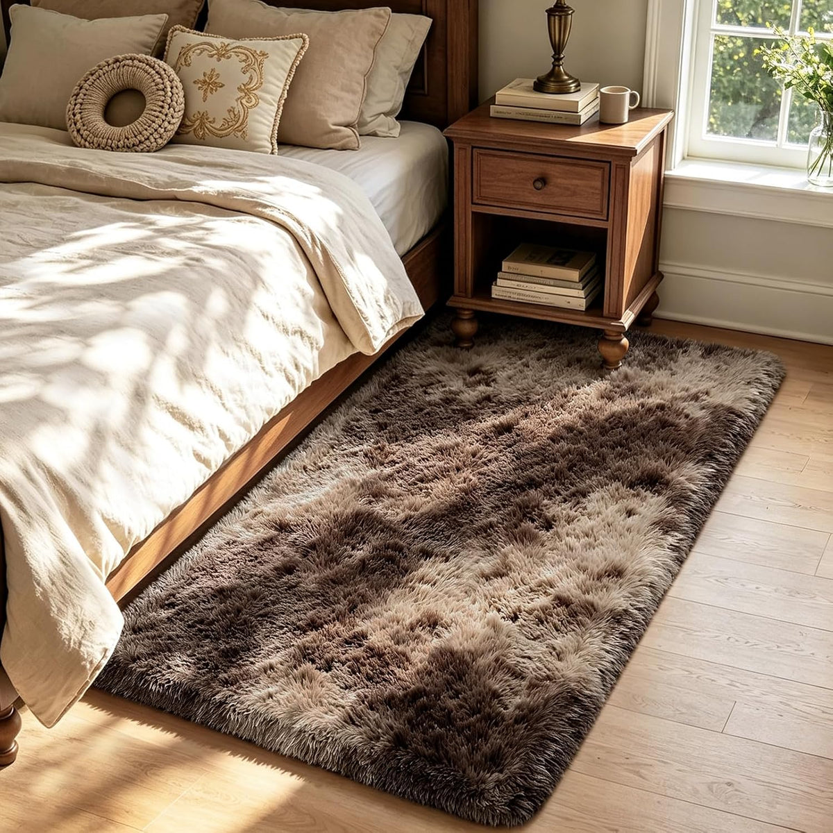 Mottled Beige 9x12 Area Rugs for Living Room, Fluffy Shag Rug Large Carpet