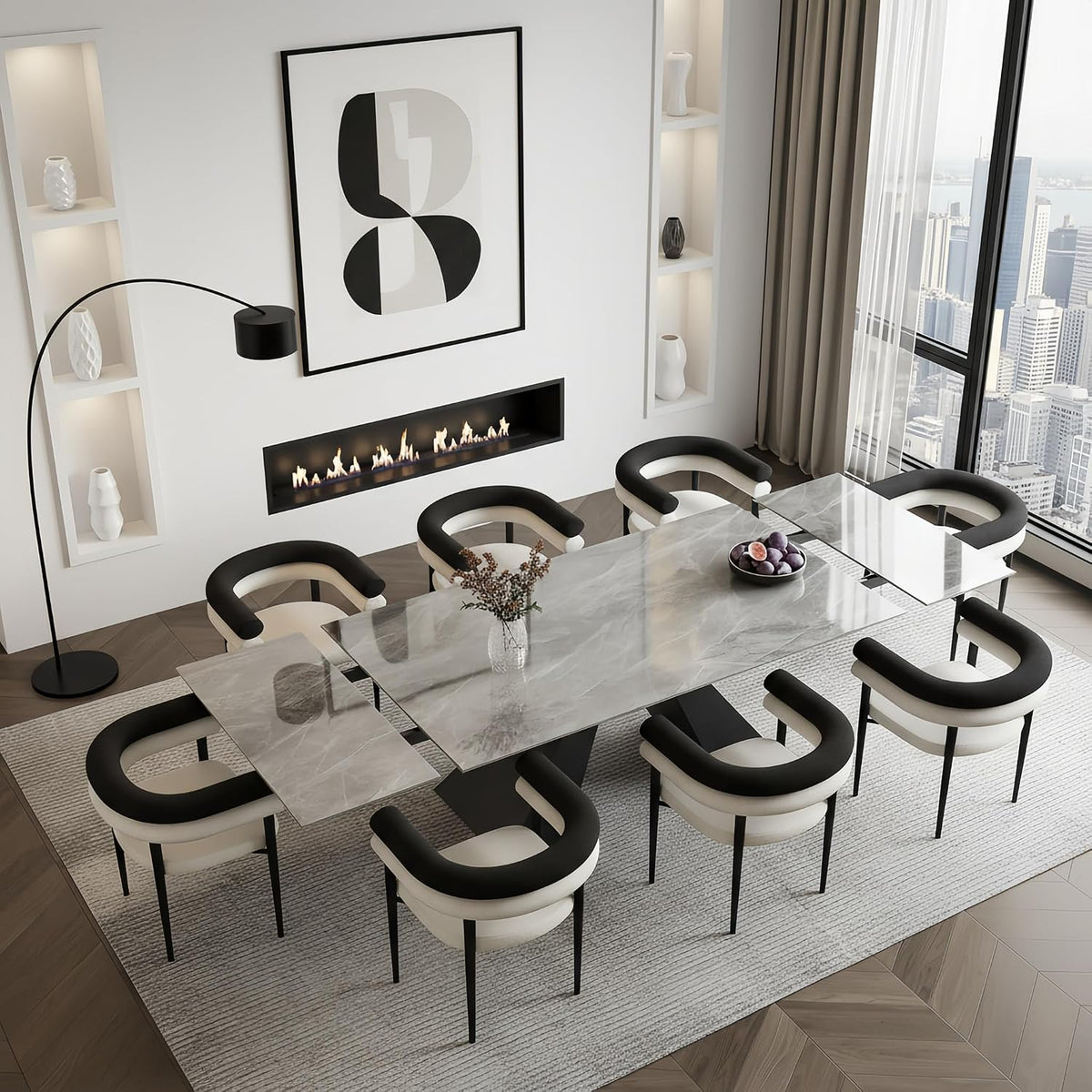 9 Piece Marble Expandable Table Set with 8 Comfy Dining Chairs