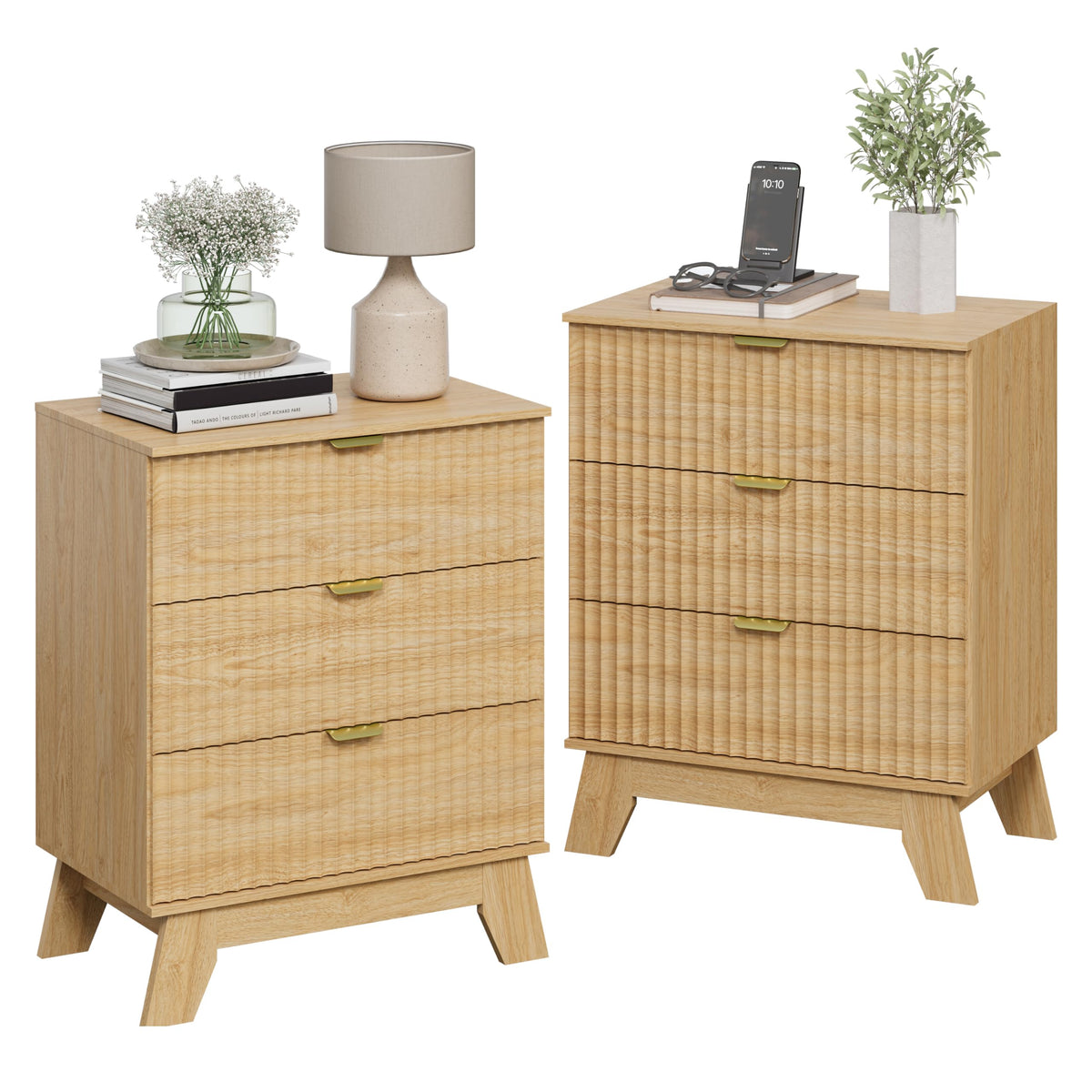 Fluted Nightstands with Charging Station, Set of 2
