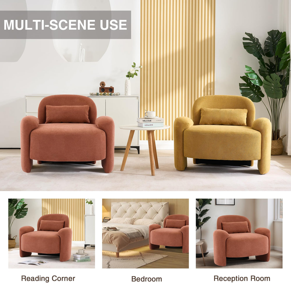 LOULENS Accent Chair Set of 2, Linen Fabric Lounge Armchair, Yellow
