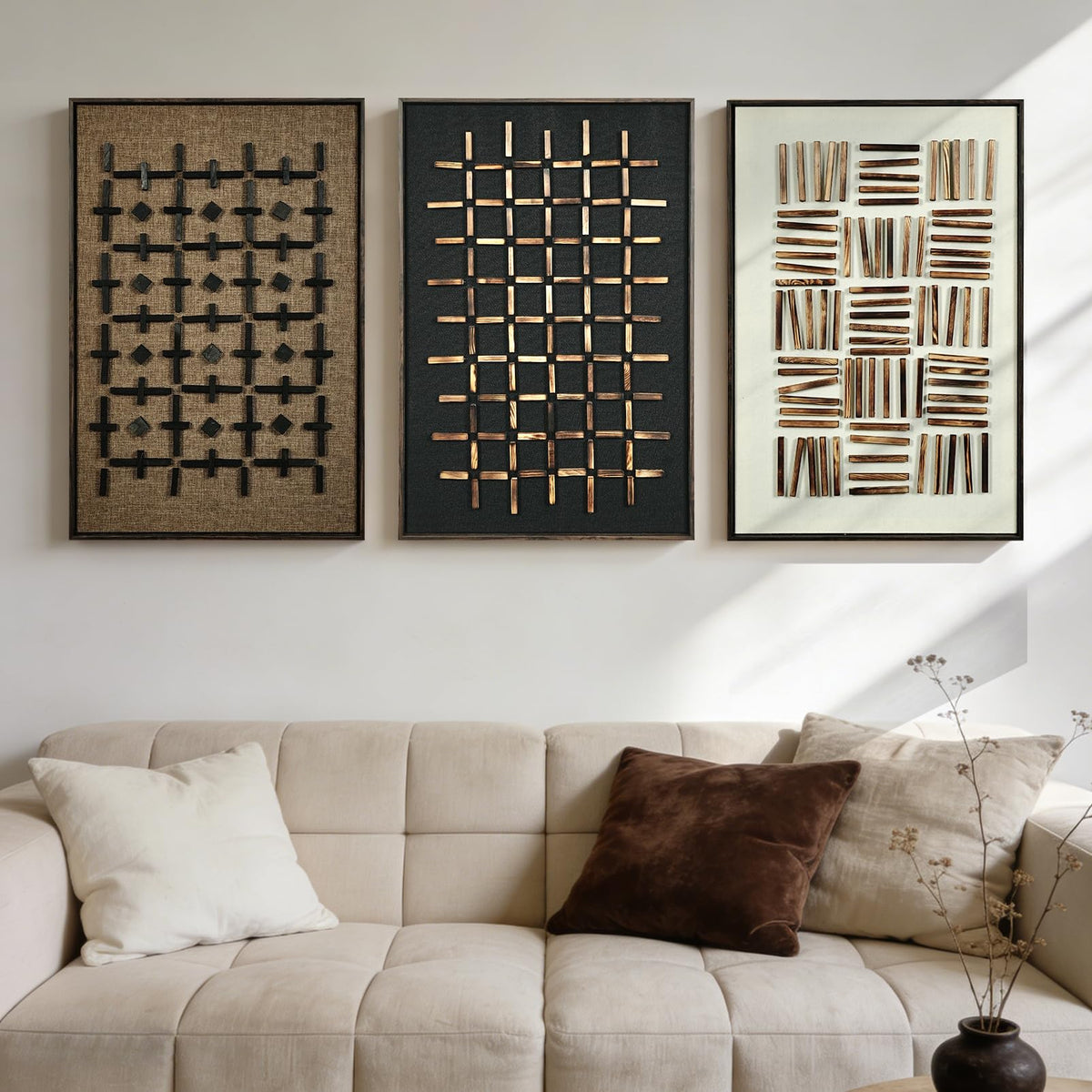 Framed 3D Geometric Sandstone Wall Art – Set of 3