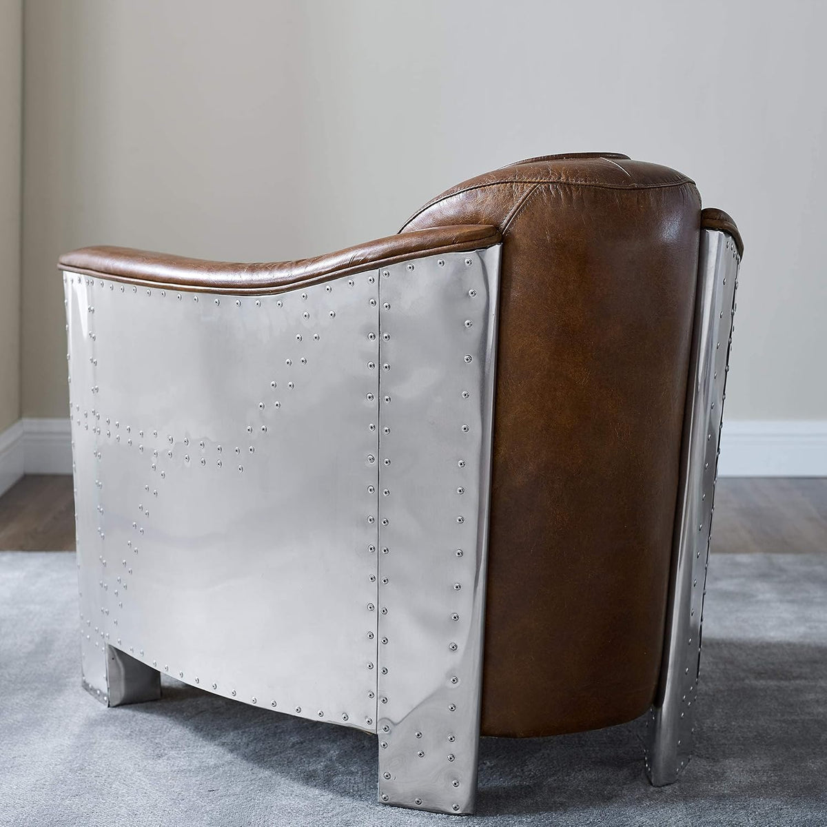 Volans Mid Century Modern Genuine Leather Accent Arm Chair with Vintage Aluminum