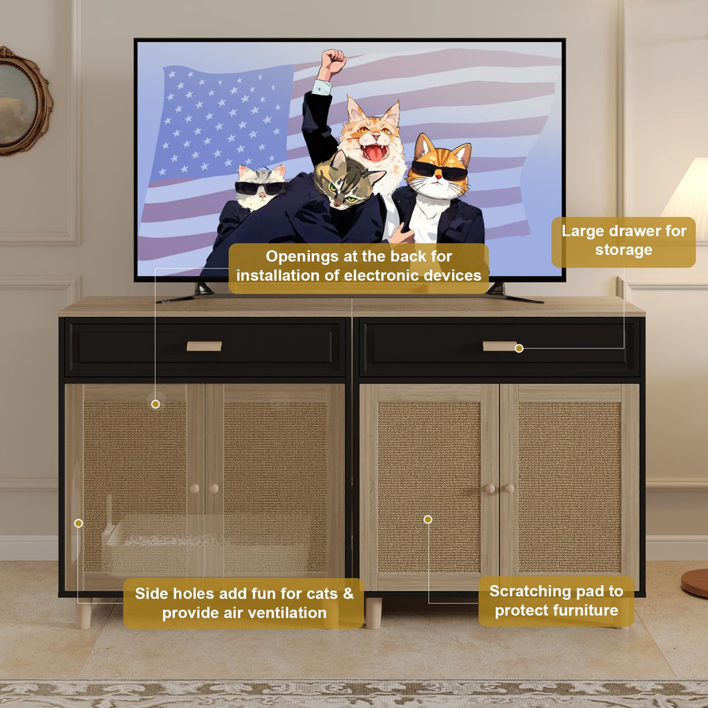 Cat Litter Box Enclosure Furniture Hidden Indoor 2-in-1 Wooden Cat & Washroom Cabinet with Scratching Board Doors and 3 Drawer for 2 Cats, 55"x20"x24"H