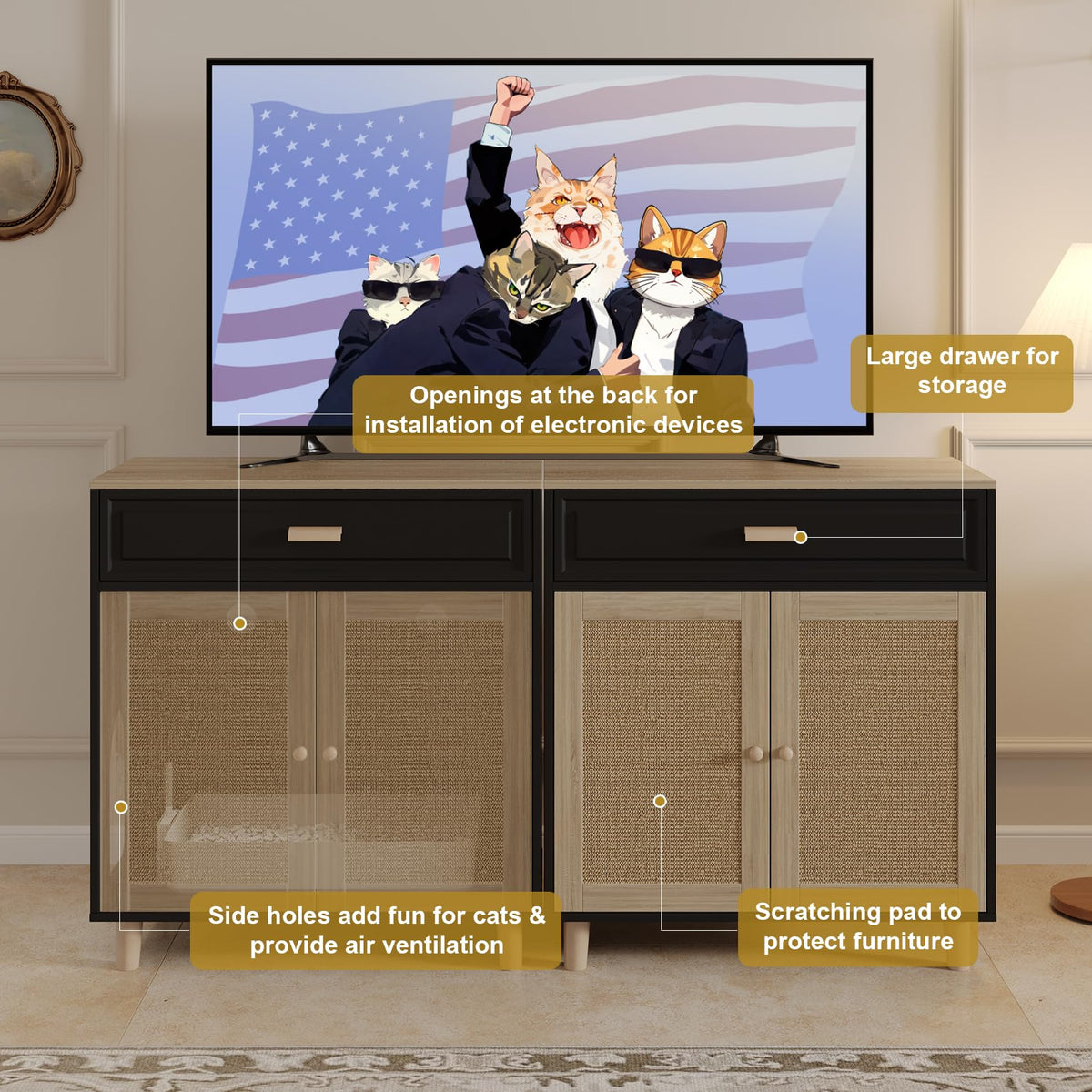 Cat Litter Box Enclosure Furniture Hidden Indoor 2-in-1 Wooden Cat & Washroom Cabinet with Scratching Board Doors and 3 Drawer for 2 Cats, 55"x20"x24"H