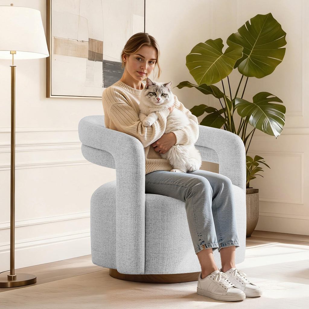 KISLOT, Swivel Accent Chair, Modern Arm Chair with Wooden Base, Cream