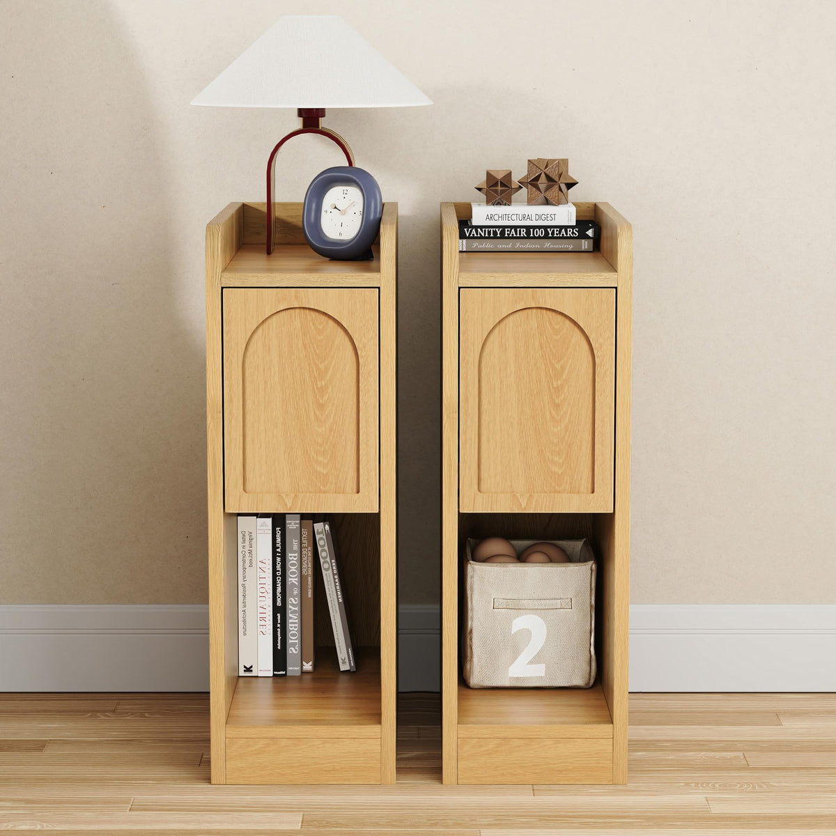 Narrow Carved Wood Nightstands, Set of Two