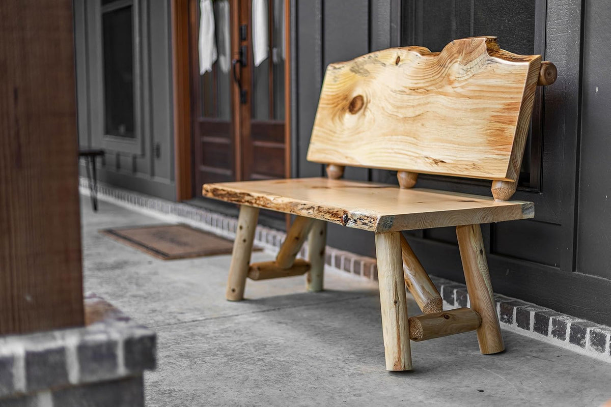 Rustic Log Live Edge Wooden Bench with Live Edge Slab Back Support (Natural Clear)