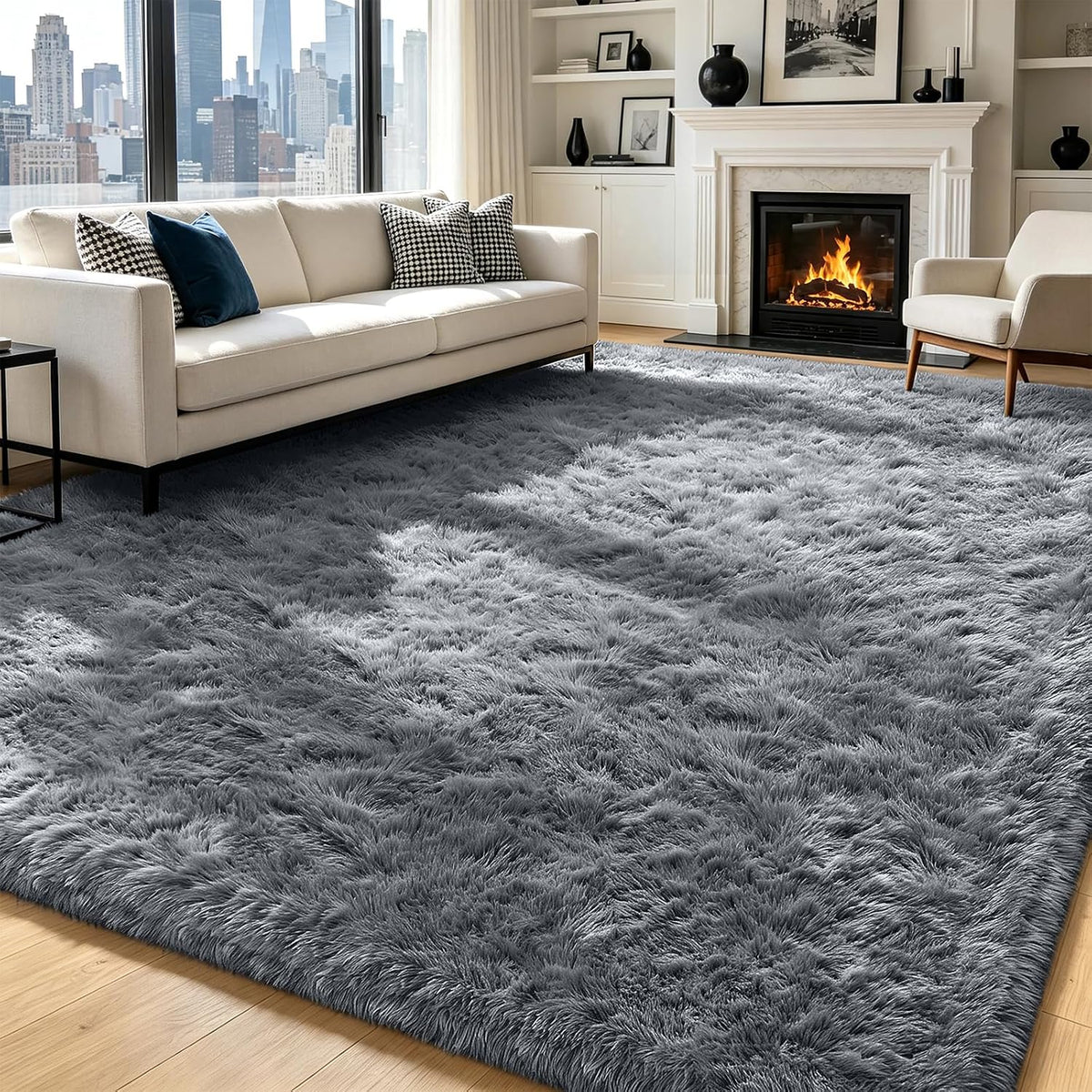 Mottled Beige 9x12 Area Rugs for Living Room, Fluffy Shag Rug Large Carpet