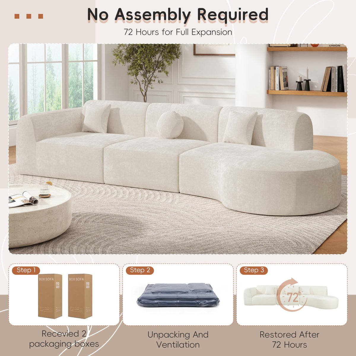 Curved Sectional Sofa with Chaise & Pillows