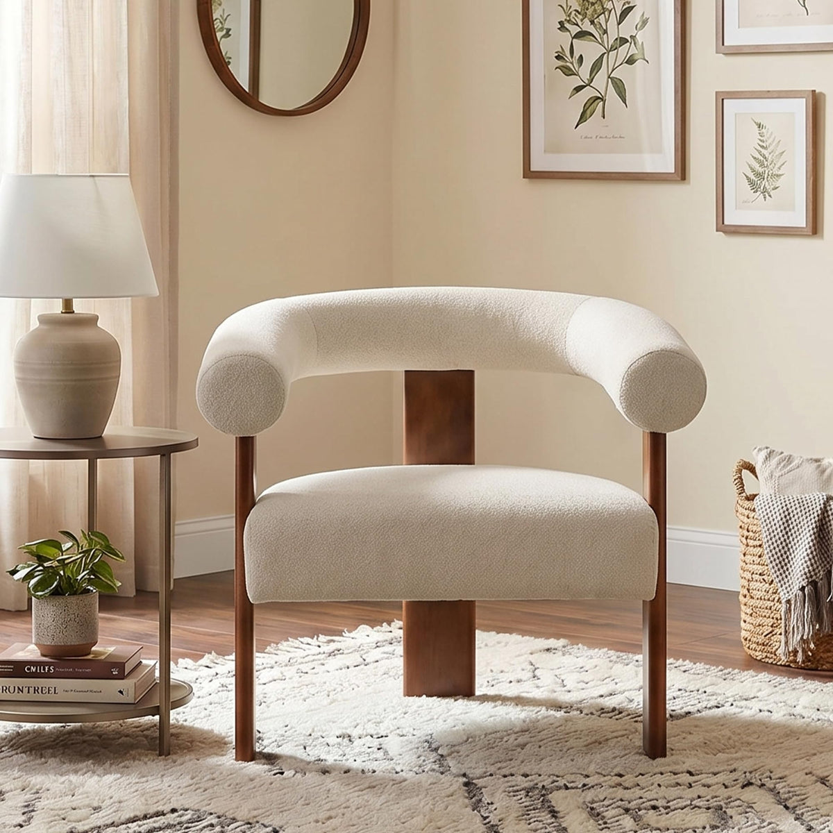 Usaint Upholstered Barrel Accent Chair with Walnut Wood Legs and Armrests