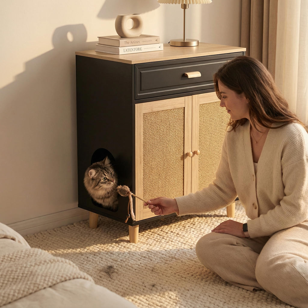 Cat Litter Box Enclosure Furniture Hidden Indoor 2-in-1 Wooden Cat & Washroom Cabinet with Scratching Board Doors and 3 Drawer for 2 Cats, 55"x20"x24"H