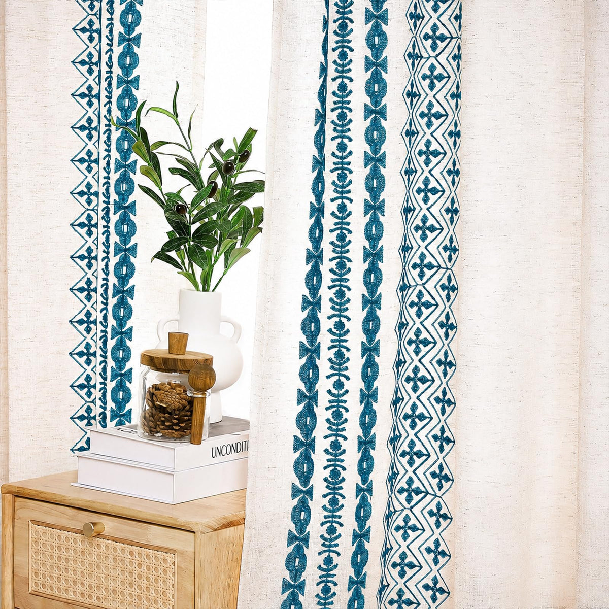 Beige Boho Linen-Texture Curtains, Set of Two