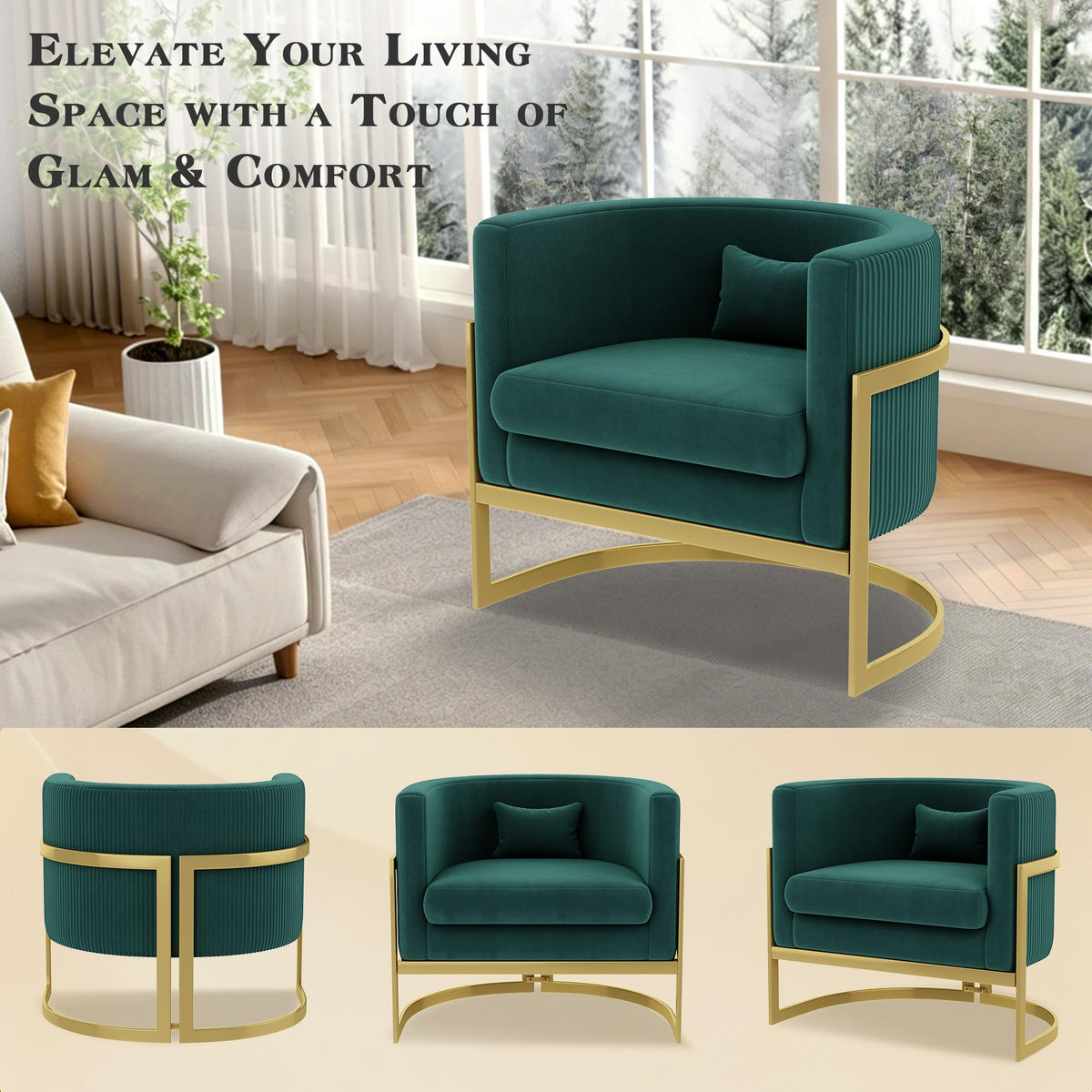 Velvet Accent Chair Ivory Modern Barrel Chair with Gold Legs