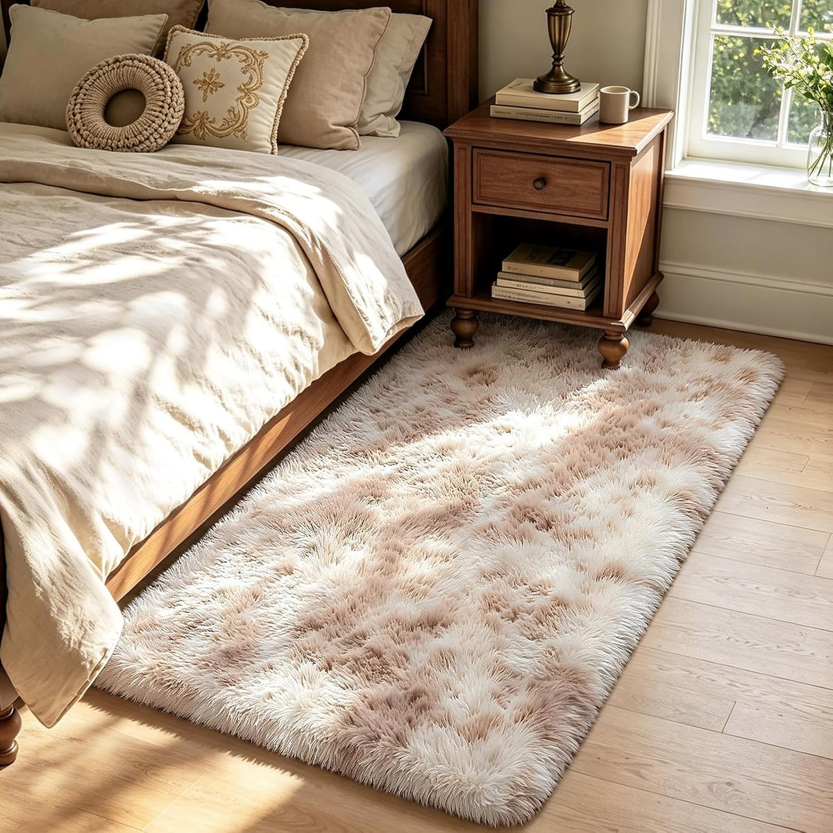 Mottled Beige 9x12 Area Rugs for Living Room, Fluffy Shag Rug Large Carpet