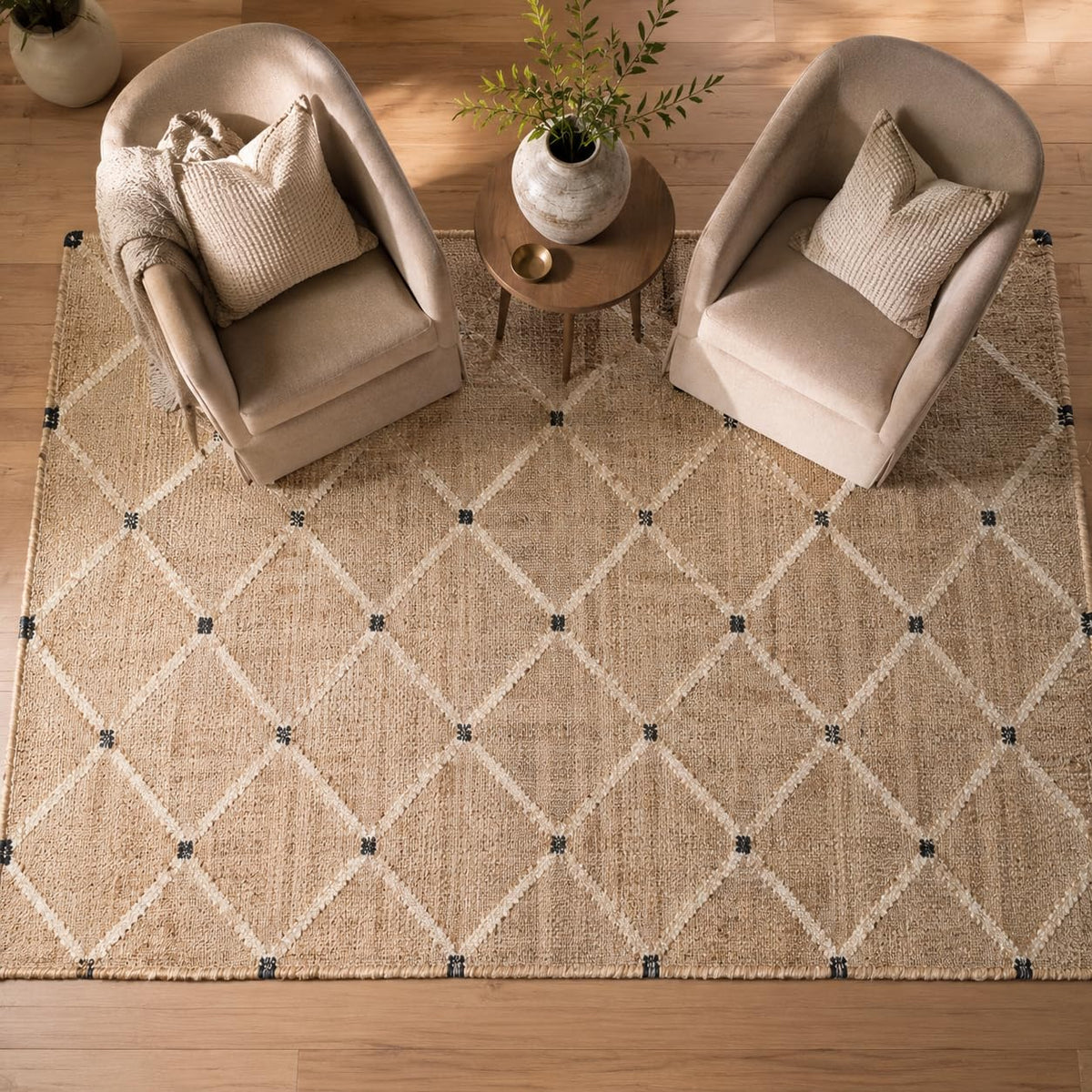 FRELISH DECOR Hand Woven Jute Area Rug 8'x10'- Geometric Design (Natural)