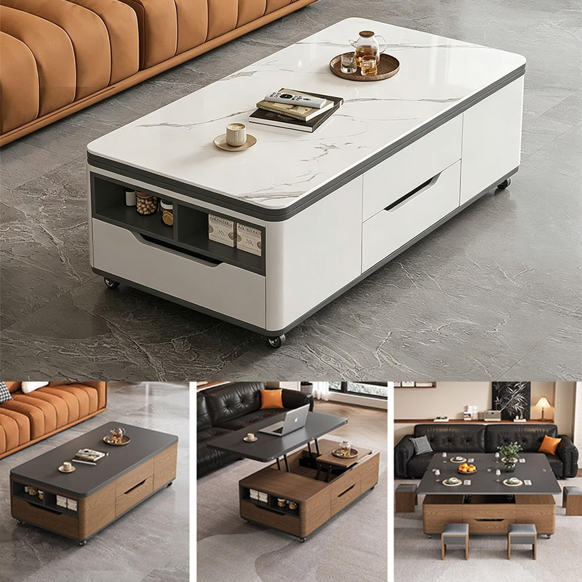 3‑in‑1 Lift‑Top Coffee‑Table with Storage Drawers & Rolling Casters
