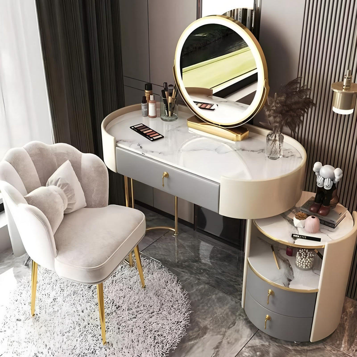 Solid Wood Vanity Desk Set with Smart Mirror & LED Light