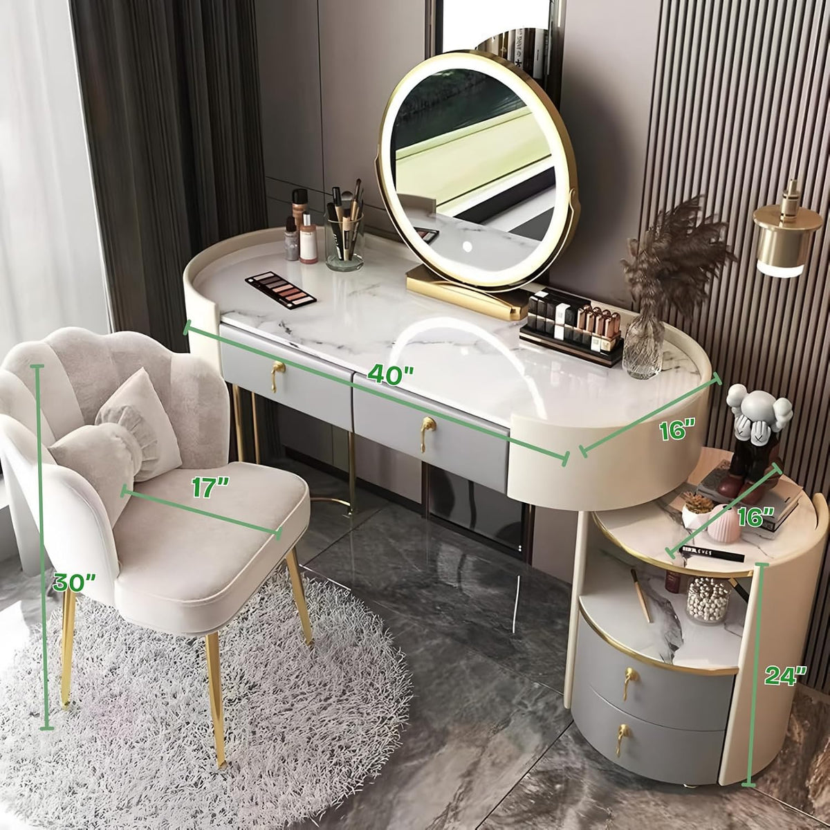 Solid Wood Vanity Desk Set with Smart Mirror & LED Light