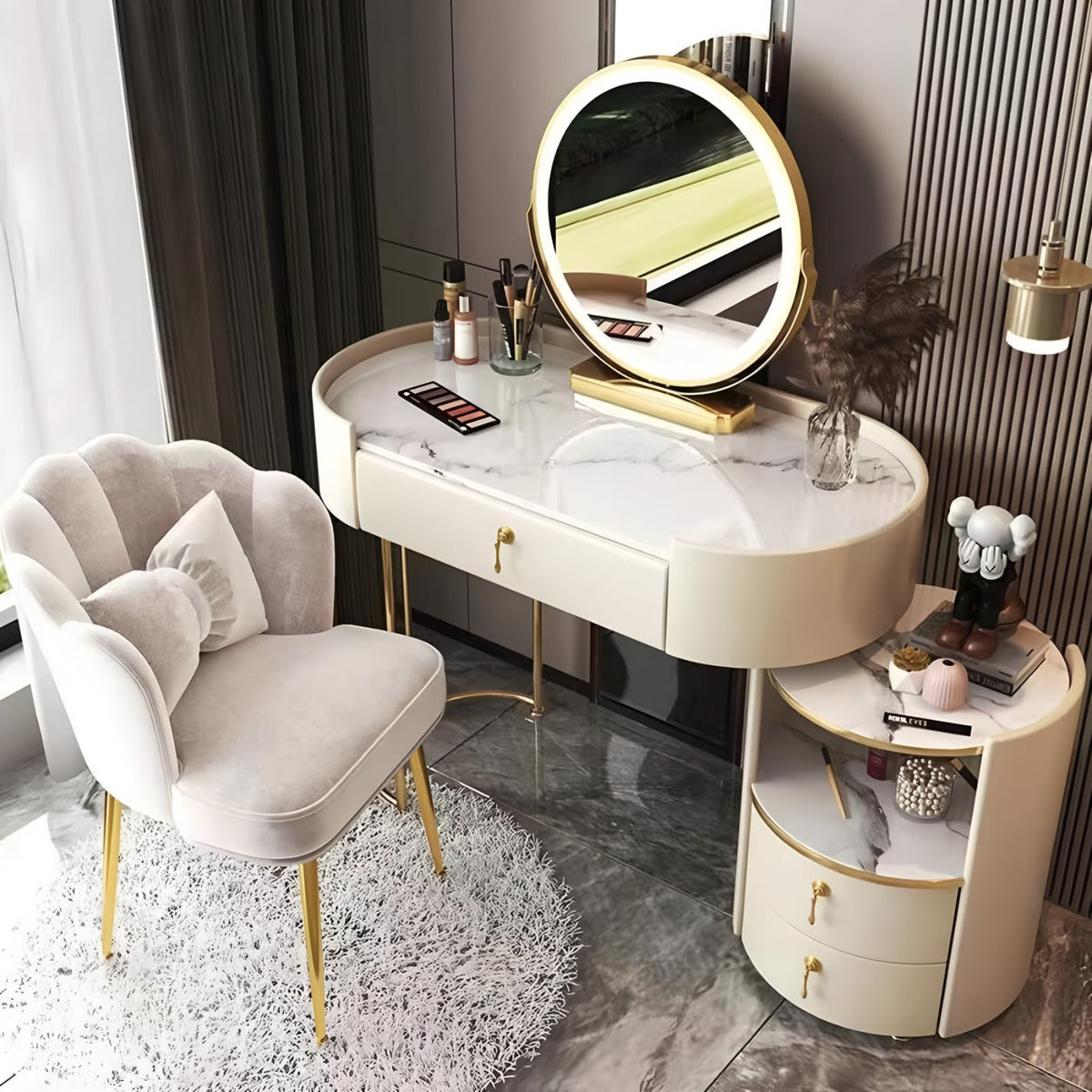 Solid Wood Vanity Desk Set with Smart Mirror & LED Light