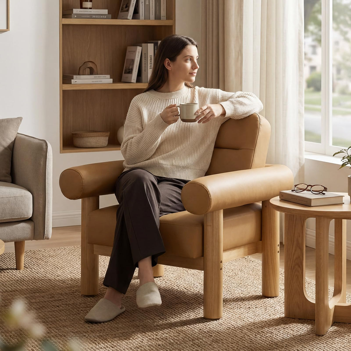 HNY Mid-Century Boucle Barrel Chair, Beige