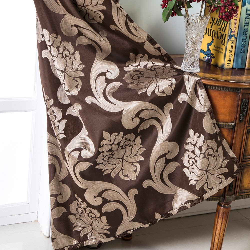 Brown Damask Grommet Curtains, Set of Two