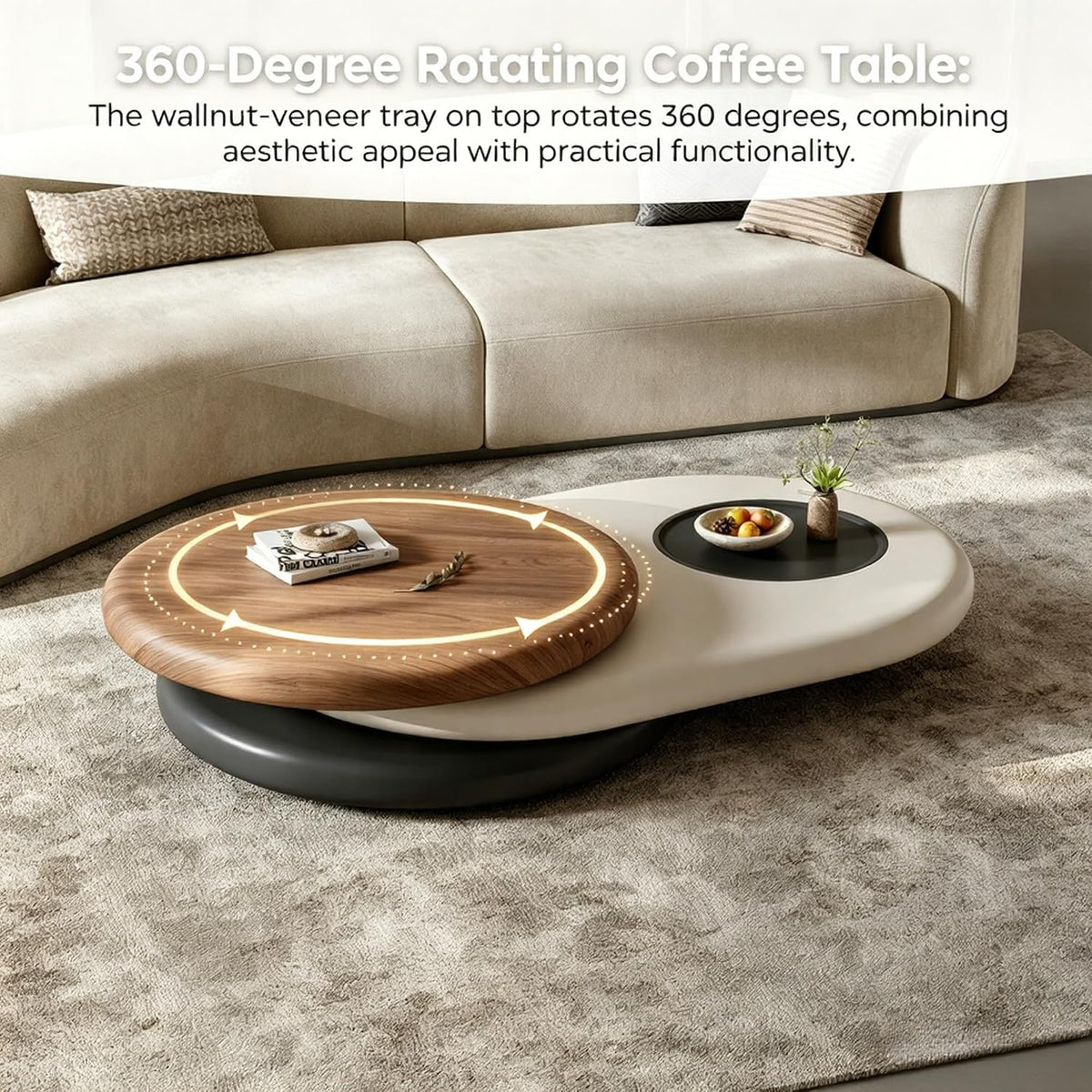 3‑Color Modern Coffee Table for Living Room, Rotating Walnut Veneer Tray