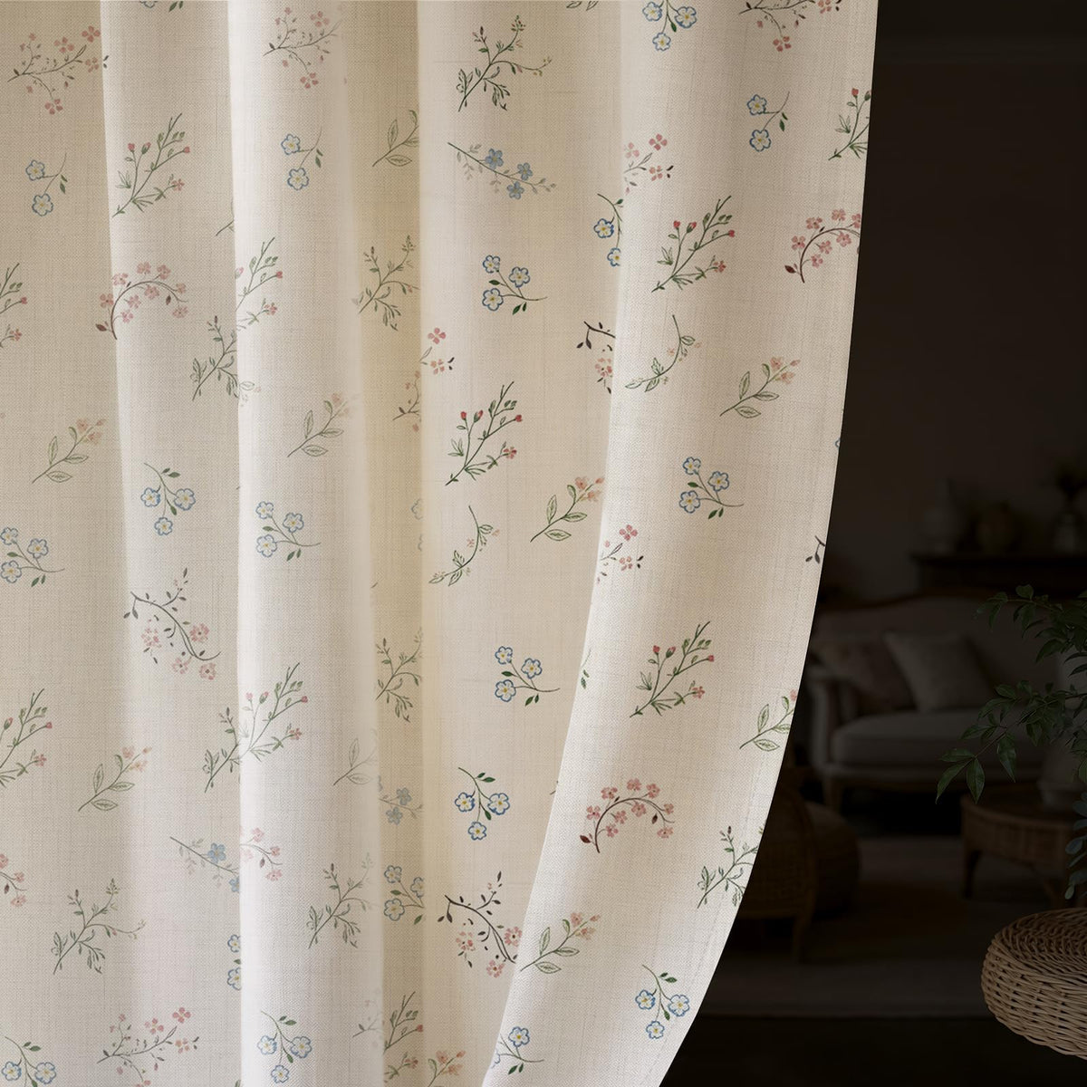Vintage Floral Linen-Texture Blackout Curtains