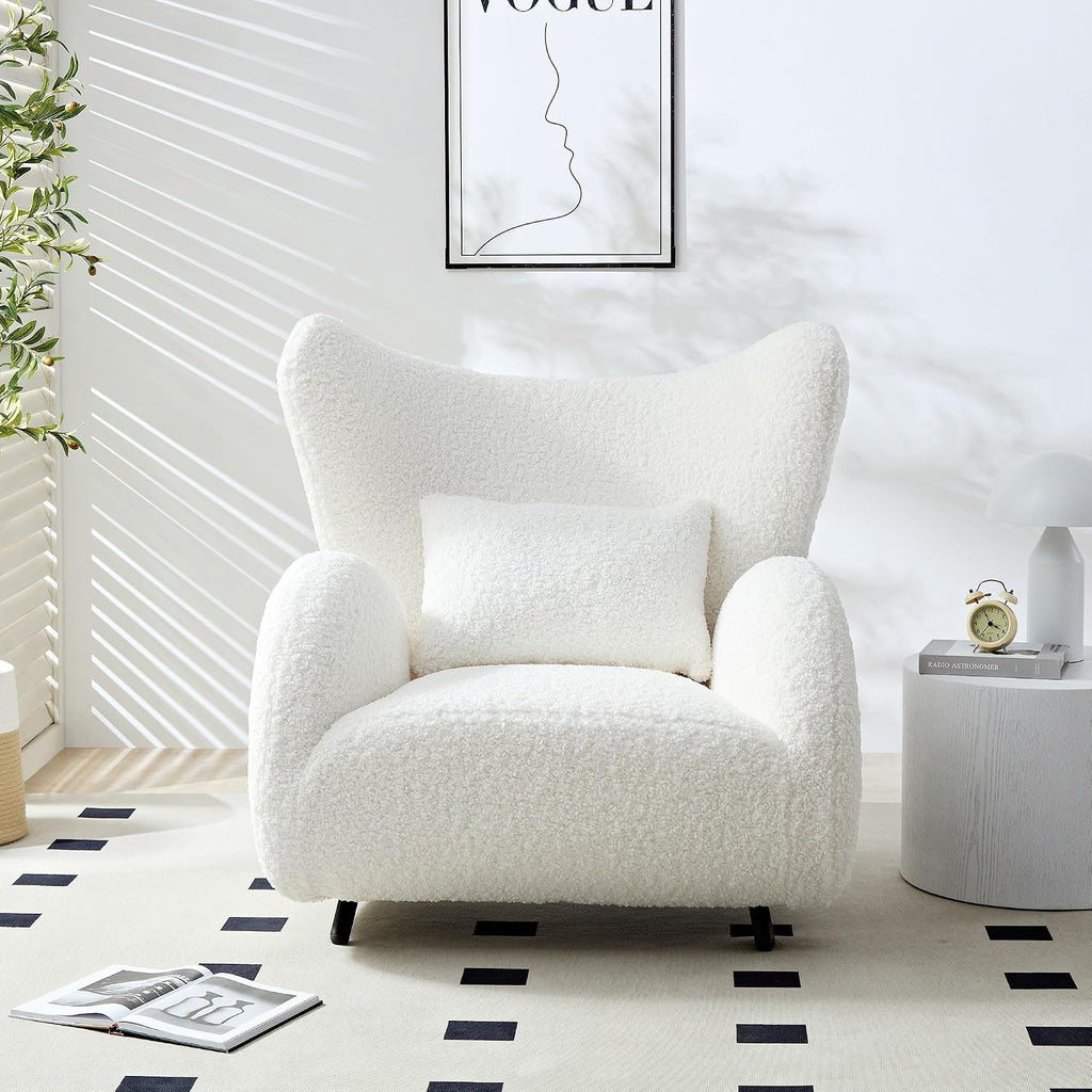 Oversized Boucle Accent Chair, Cream White Sherpa Wingback Chair