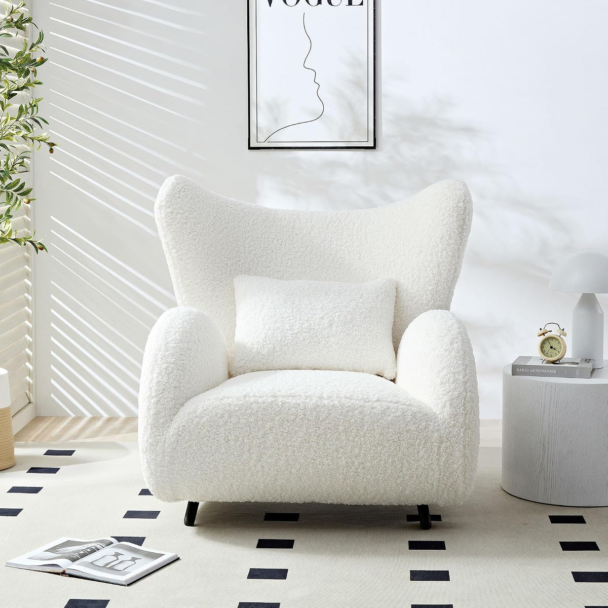 Oversized Boucle Accent Chair, Cream White Sherpa Wingback Chair