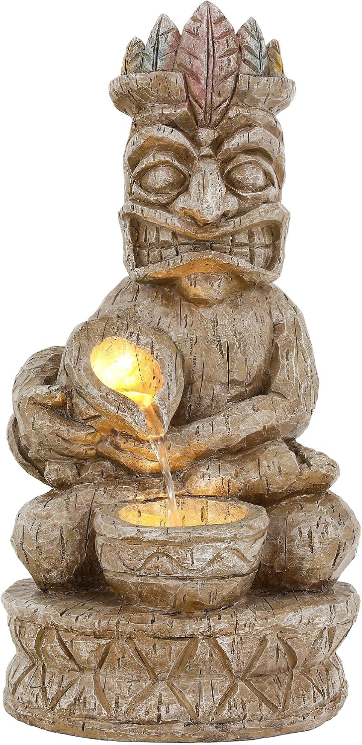 23" H Tiki Statue Outdoor Water Fountain with LED Lights