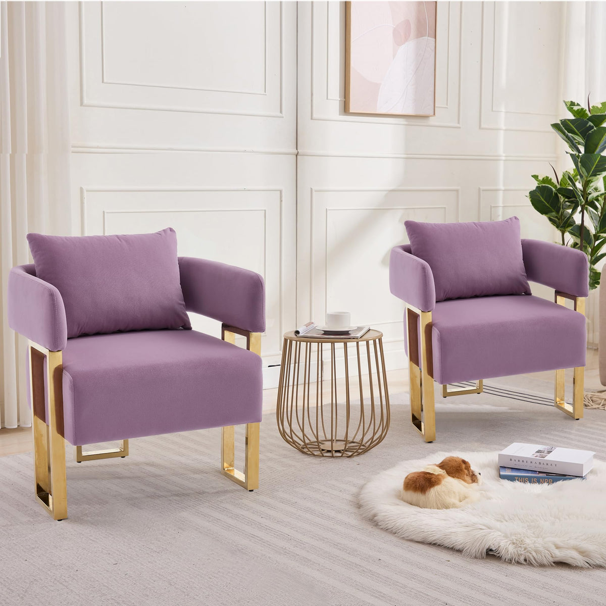 Upholstered Barrel Accent Chairs with Gold Legs – Set of 2
